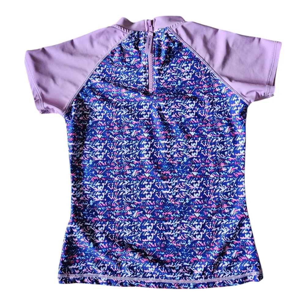 Eddie Bauer Girls Rash Guard Swim Shirt Size 10/12 Short Sleeve Zip Back Purple